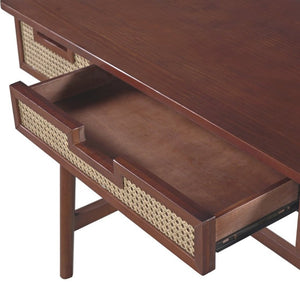 English Elm 51 Inch Rattan Front Writing Desk with Three Drawers Acacia Wood Mid-Century Home Office Brown N763P464763D