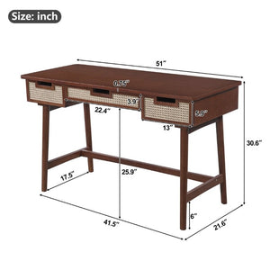 English Elm 51 Inch Rattan Front Writing Desk with Three Drawers Acacia Wood Mid-Century Home Office Brown N763P464763D