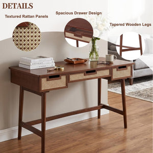 English Elm 51 Inch Rattan Front Writing Desk with Three Drawers Acacia Wood Mid-Century Home Office Brown N763P464763D