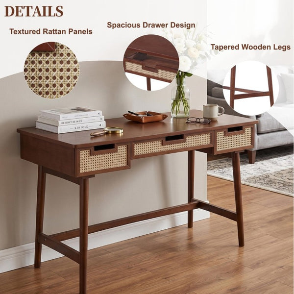 English Elm 51 Inch Rattan Front Writing Desk with Three Drawers Acacia Wood Mid-Century Home Office Brown N763P464763D