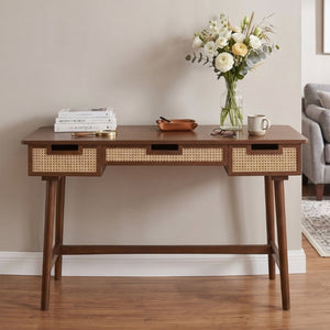 English Elm 51 Inch Rattan Front Writing Desk with Three Drawers Acacia Wood Mid-Century Home Office Brown N763P464763D