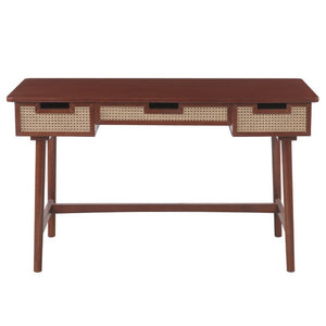 English Elm 51 Inch Rattan Front Writing Desk with Three Drawers Acacia Wood Mid-Century Home Office Brown N763P464763D