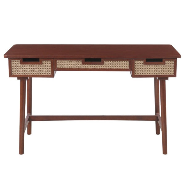 English Elm 51 Inch Rattan Front Writing Desk with Three Drawers Acacia Wood Mid-Century Home Office Brown N763P464763D