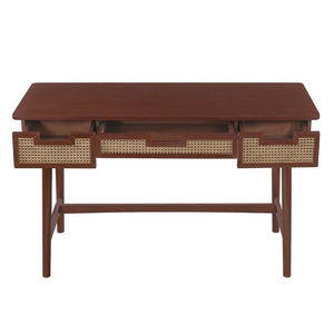 English Elm 51 Inch Rattan Front Writing Desk with Three Drawers Acacia Wood Mid-Century Home Office Brown N763P464763D