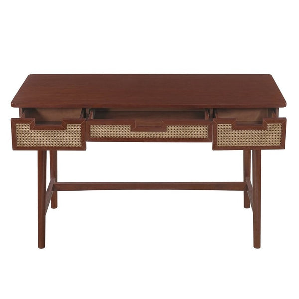 English Elm 51 Inch Rattan Front Writing Desk with Three Drawers Acacia Wood Mid-Century Home Office Brown N763P464763D