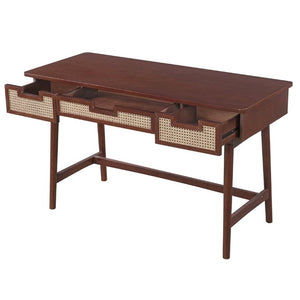 English Elm 51 Inch Rattan Front Writing Desk with Three Drawers Acacia Wood Mid-Century Home Office Brown N763P464763D