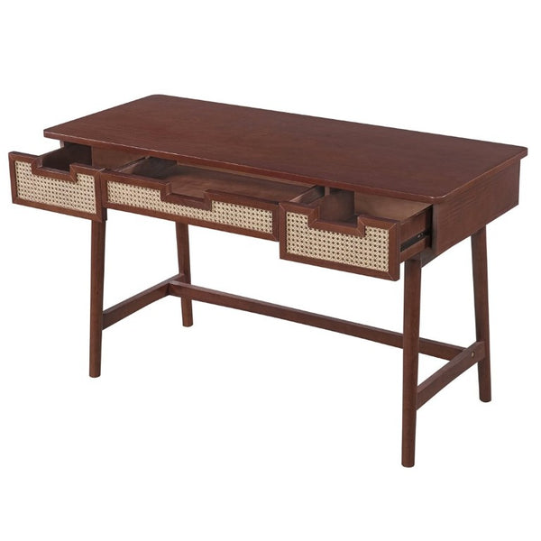 English Elm 51 Inch Rattan Front Writing Desk with Three Drawers Acacia Wood Mid-Century Home Office Brown N763P464763D