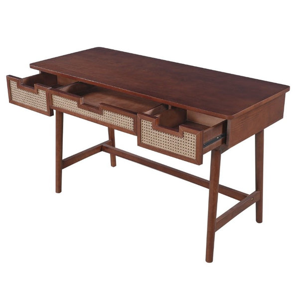 English Elm 51 Inch Rattan Front Writing Desk with Three Drawers Acacia Wood Mid-Century Home Office Brown N763P464763D