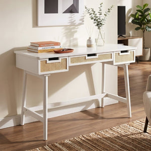 English Elm 51 Inch Rattan Front Writing Desk with Three Drawers Acacia Wood Mid-Century Home Office White N763P464763K