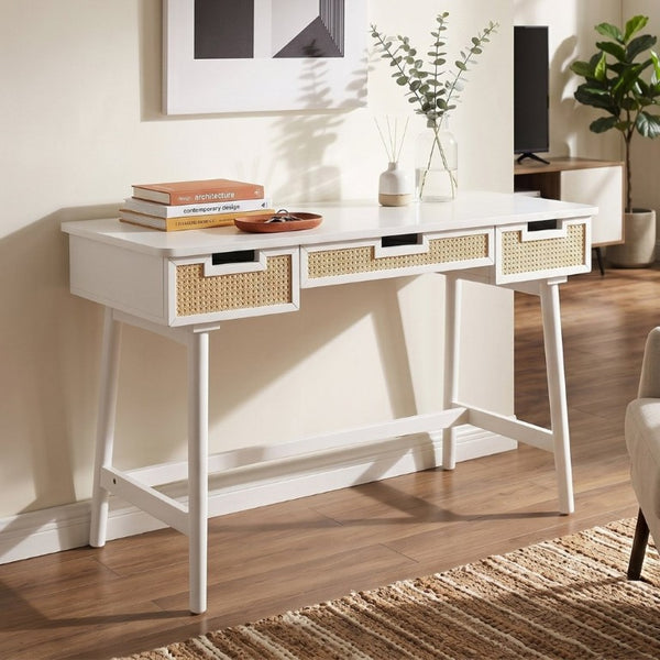 English Elm 51 Inch Rattan Front Writing Desk with Three Drawers Acacia Wood Mid-Century Home Office White N763P464763K