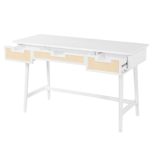 English Elm 51 Inch Rattan Front Writing Desk with Three Drawers Acacia Wood Mid-Century Home Office White N763P464763K