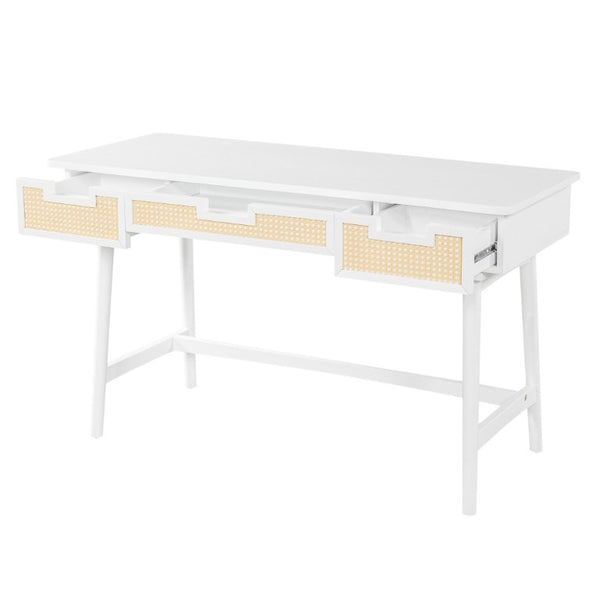English Elm 51 Inch Rattan Front Writing Desk with Three Drawers Acacia Wood Mid-Century Home Office White N763P464763K