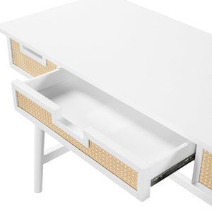 English Elm 51 Inch Rattan Front Writing Desk with Three Drawers Acacia Wood Mid-Century Home Office White N763P464763K