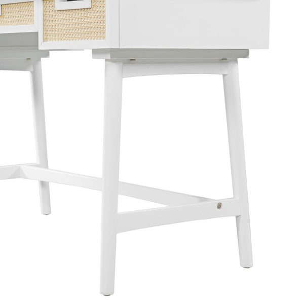 English Elm 51 Inch Rattan Front Writing Desk with Three Drawers Acacia Wood Mid-Century Home Office White N763P464763K