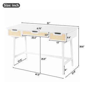 English Elm 51 Inch Rattan Front Writing Desk with Three Drawers Acacia Wood Mid-Century Home Office White N763P464763K