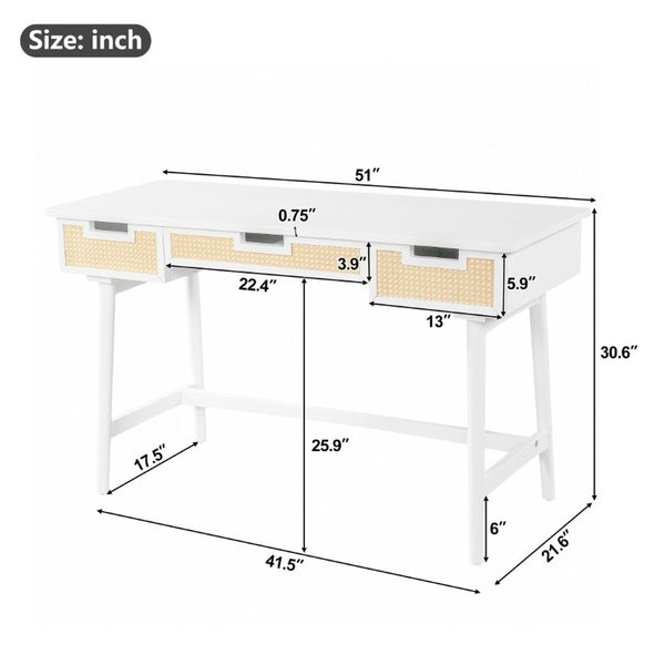 English Elm 51 Inch Rattan Front Writing Desk with Three Drawers Acacia Wood Mid-Century Home Office White N763P464763K