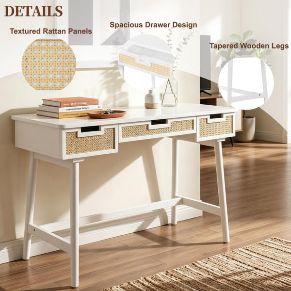 English Elm 51 Inch Rattan Front Writing Desk with Three Drawers Acacia Wood Mid-Century Home Office White N763P464763K