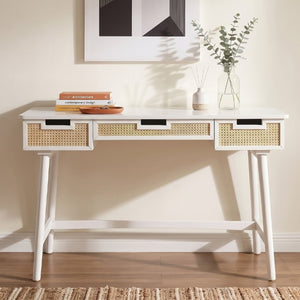 English Elm 51 Inch Rattan Front Writing Desk with Three Drawers Acacia Wood Mid-Century Home Office White N763P464763K