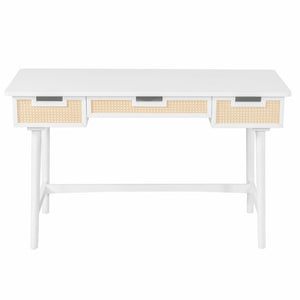 English Elm 51 Inch Rattan Front Writing Desk with Three Drawers Acacia Wood Mid-Century Home Office White N763P464763K