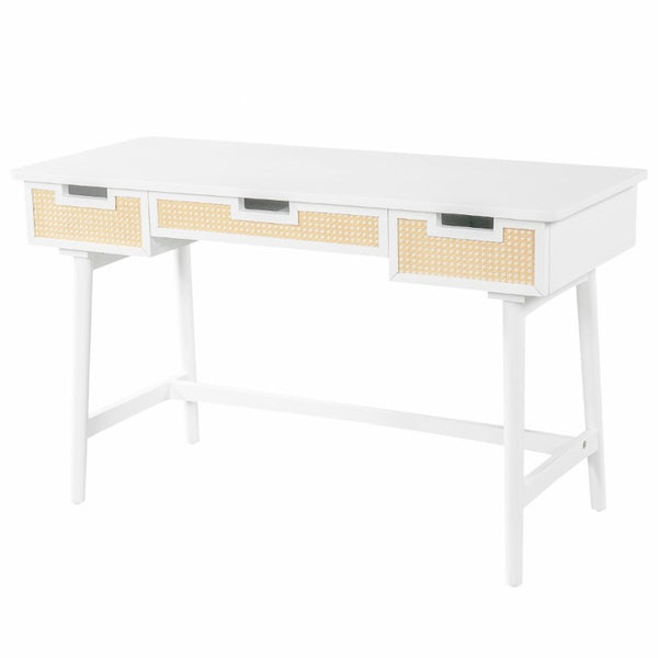 English Elm 51 Inch Rattan Front Writing Desk with Three Drawers Acacia Wood Mid-Century Home Office White N763P464763K