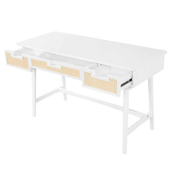 English Elm 51 Inch Rattan Front Writing Desk with Three Drawers Acacia Wood Mid-Century Home Office White N763P464763K