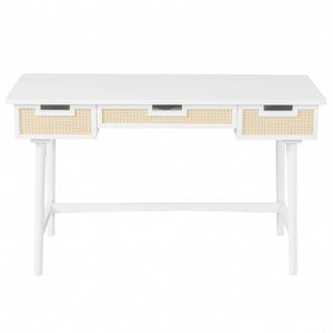 English Elm 51 Inch Rattan Front Writing Desk with Three Drawers Acacia Wood Mid-Century Home Office White N763P464763K