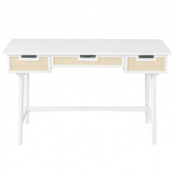 English Elm 51 Inch Rattan Front Writing Desk with Three Drawers Acacia Wood Mid-Century Home Office White N763P464763K