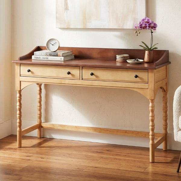 English Elm 54 Inch Acacia Wood Writing Desk with Bobbin Legs Two Drawers and Gallery Rail N763P464774Z