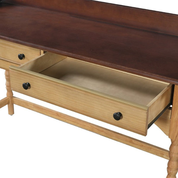 English Elm 54 Inch Acacia Wood Writing Desk with Bobbin Legs Two Drawers and Gallery Rail N763P464774Z