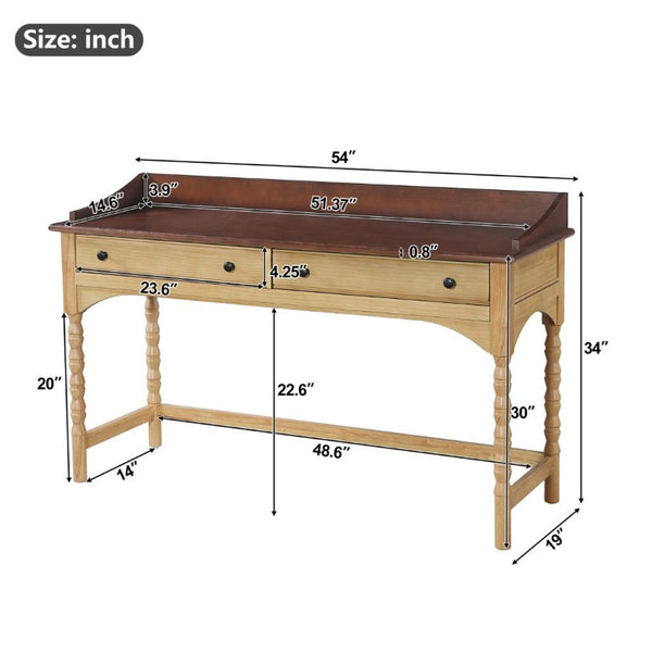 English Elm 54 Inch Acacia Wood Writing Desk with Bobbin Legs Two Drawers and Gallery Rail N763P464774Z