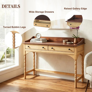 English Elm 54 Inch Acacia Wood Writing Desk with Bobbin Legs Two Drawers and Gallery Rail N763P464774Z