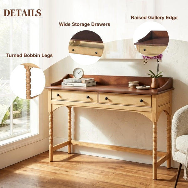 English Elm 54 Inch Acacia Wood Writing Desk with Bobbin Legs Two Drawers and Gallery Rail N763P464774Z