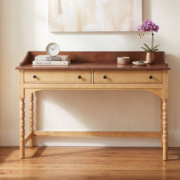 English Elm 54 Inch Acacia Wood Writing Desk with Bobbin Legs Two Drawers and Gallery Rail N763P464774Z