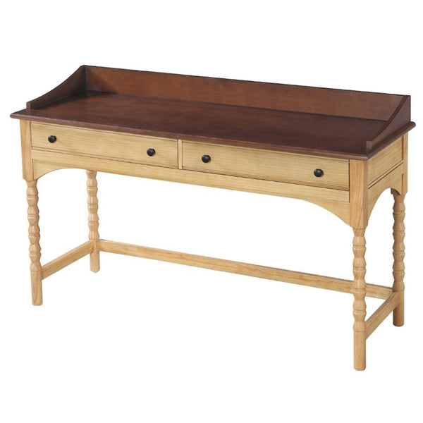 English Elm 54 Inch Acacia Wood Writing Desk with Bobbin Legs Two Drawers and Gallery Rail N763P464774Z