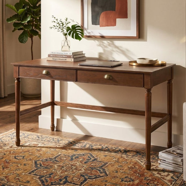 English Elm 60 Inch Writing Desk with Built-In Power Station Rubberwood Legs and Two Storage Drawers Walnut N763P465399D