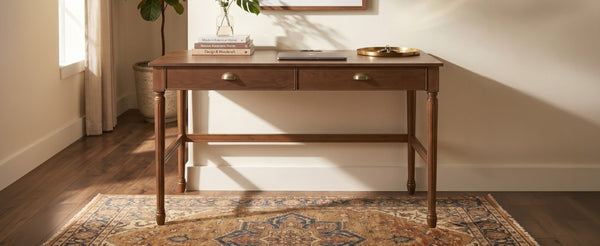 English Elm 60 Inch Writing Desk with Built-In Power Station Rubberwood Legs and Two Storage Drawers Walnut N763P465399D