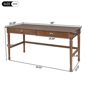 English Elm 60 Inch Writing Desk with Built-In Power Station Rubberwood Legs and Two Storage Drawers Walnut N763P465399D