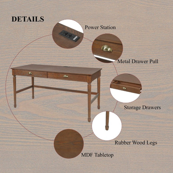 English Elm 60 Inch Writing Desk with Built-In Power Station Rubberwood Legs and Two Storage Drawers Walnut N763P465399D