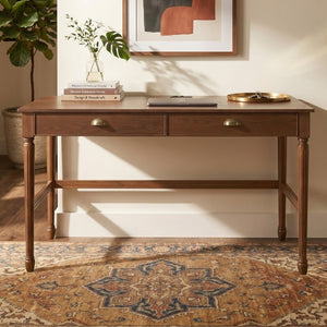 English Elm 60 Inch Writing Desk with Built-In Power Station Rubberwood Legs and Two Storage Drawers Walnut N763P465399D