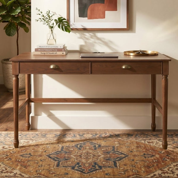 English Elm 60 Inch Writing Desk with Built-In Power Station Rubberwood Legs and Two Storage Drawers Walnut N763P465399D