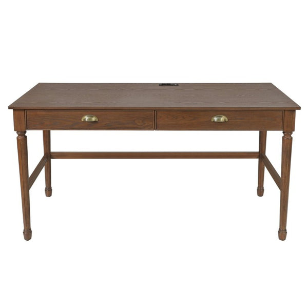 English Elm 60 Inch Writing Desk with Built-In Power Station Rubberwood Legs and Two Storage Drawers Walnut N763P465399D
