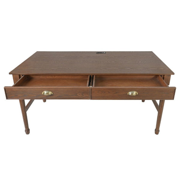 English Elm 60 Inch Writing Desk with Built-In Power Station Rubberwood Legs and Two Storage Drawers Walnut N763P465399D