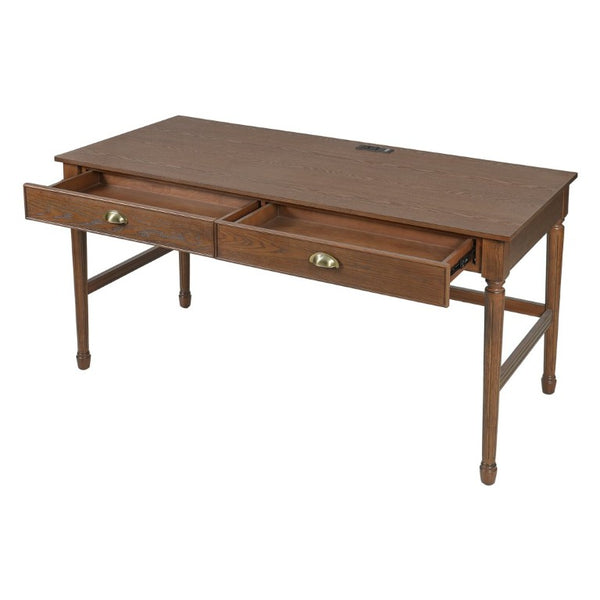 English Elm 60 Inch Writing Desk with Built-In Power Station Rubberwood Legs and Two Storage Drawers Walnut N763P465399D