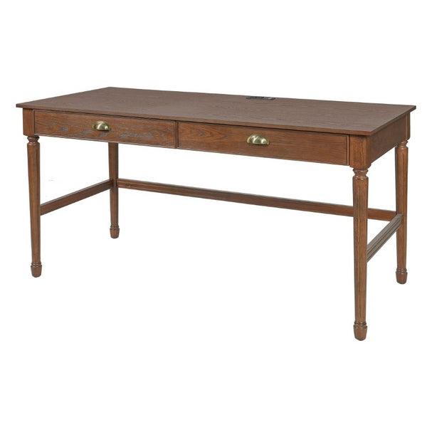 English Elm 60 Inch Writing Desk with Built-In Power Station Rubberwood Legs and Two Storage Drawers Walnut N763P465399D