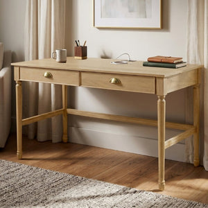 English Elm 60 Inch Writing Desk with Built-In Power Station Rubberwood Legs and Two Storage Drawers Natural N763P465399N
