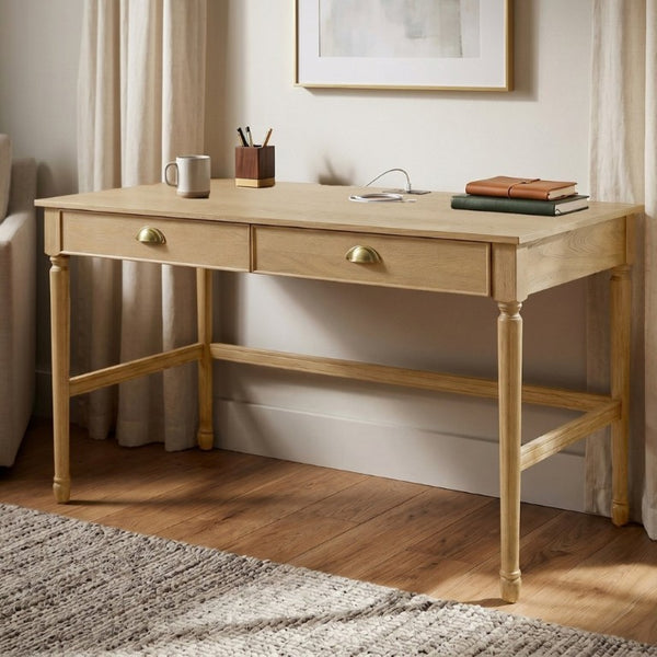 English Elm 60 Inch Writing Desk with Built-In Power Station Rubberwood Legs and Two Storage Drawers Natural N763P465399N