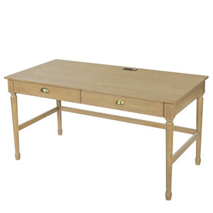 English Elm 60 Inch Writing Desk with Built-In Power Station Rubberwood Legs and Two Storage Drawers Natural N763P465399N