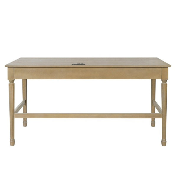 English Elm 60 Inch Writing Desk with Built-In Power Station Rubberwood Legs and Two Storage Drawers Natural N763P465399N