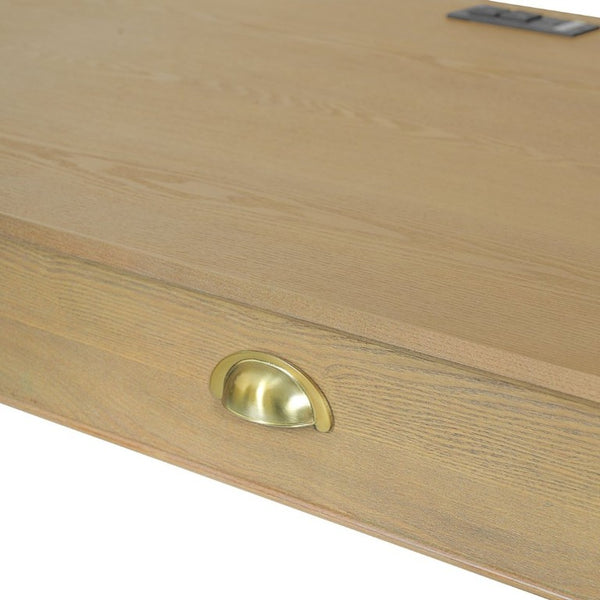 English Elm 60 Inch Writing Desk with Built-In Power Station Rubberwood Legs and Two Storage Drawers Natural N763P465399N