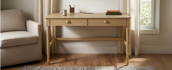 English Elm 60 Inch Writing Desk with Built-In Power Station Rubberwood Legs and Two Storage Drawers Natural N763P465399N